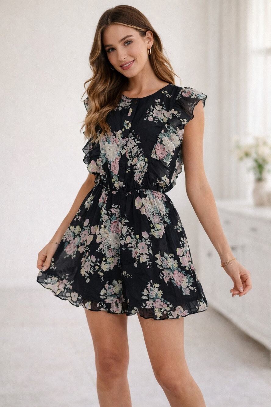 Walter Baker Romper Womens Medium Black Floral Ruffle Button Up Pockets